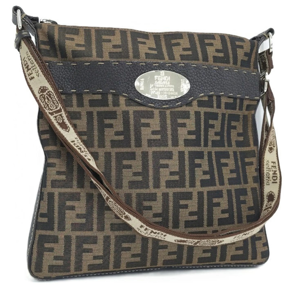 Fendi Shoulder Bag Selleria Zucca Canvas Leather Brown